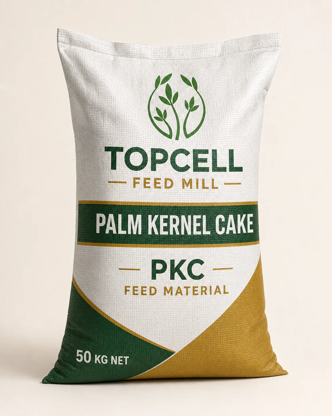 Topcell Palm Kernel Cake PKC feed material in a 50 kilogram woven sack