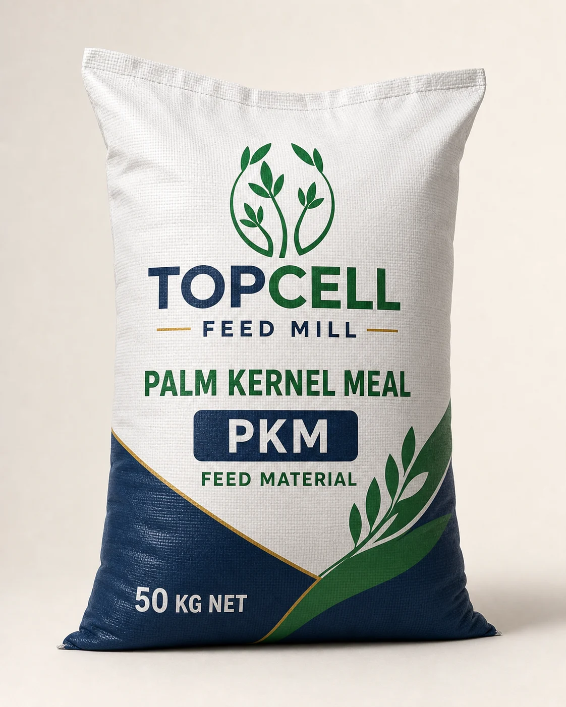 Topcell Palm Kernel Meal PKM feed material in a 50 kilogram woven sack